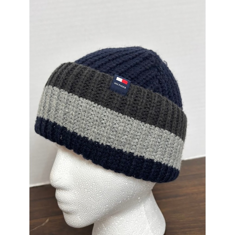 Tommy Hilfiger Navy Blue Grey Striped Ribbed Knit Cuffed Beanie Hat RN121148